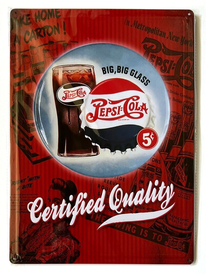 Pepsi-Cola Certified Quality 5 Cents Novelty Hem Wrapped Embossed Sign 17" x 12" Sports Decor Country Side Products