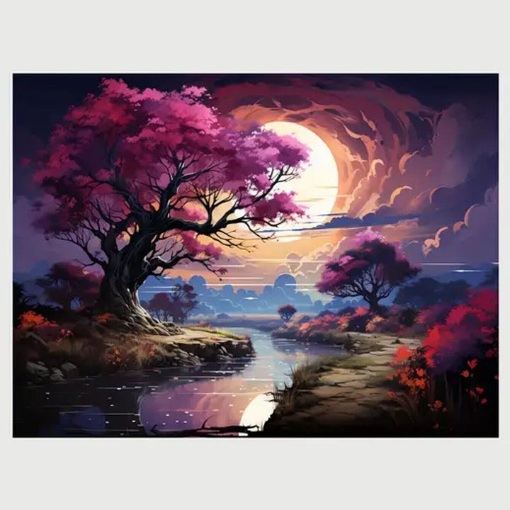 Pink Trees In The Moonlight Over Calm Stream Canvas Print Framed 12" x 16" Home & Garden:Home Décor:Posters & Prints Style Your Walls