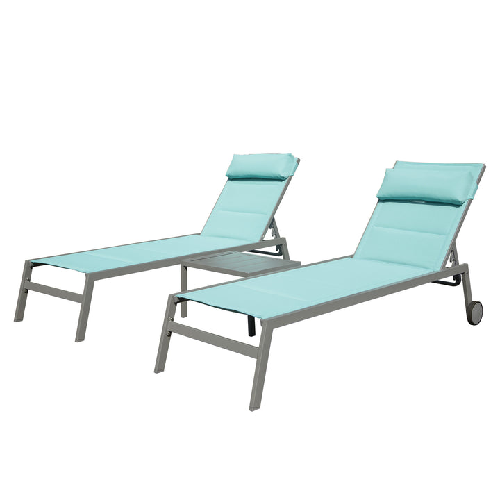 Outdoor Patio Chaise Lounge Set of 3, Aluminum Pool Lounge Chairs with and Wheels, Textilene Padded Adjustable Recliner All Weather for Poolside, Beach, Yard, Balcony (Lake Blue)  Doba as Pic  